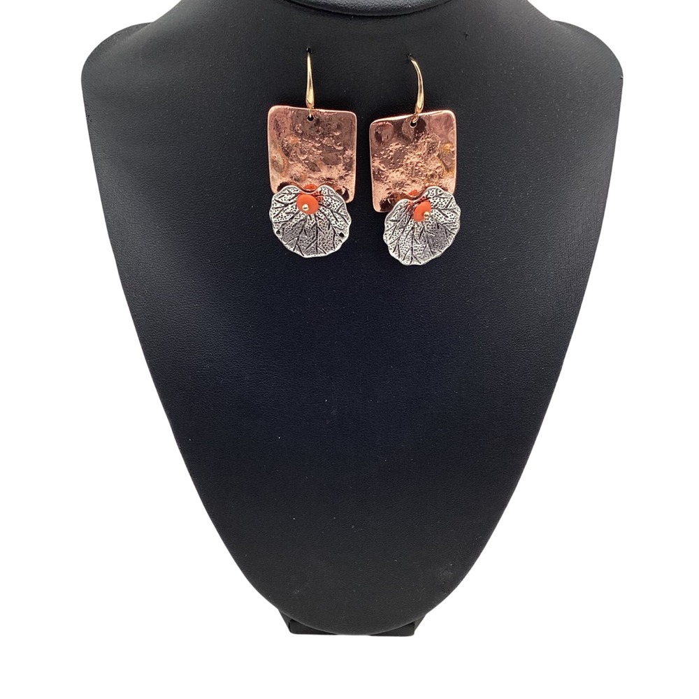 Artisan Mixed Metal Hammered Copper Silver Leaf Coral Bead‎ Drop Earrings 2"